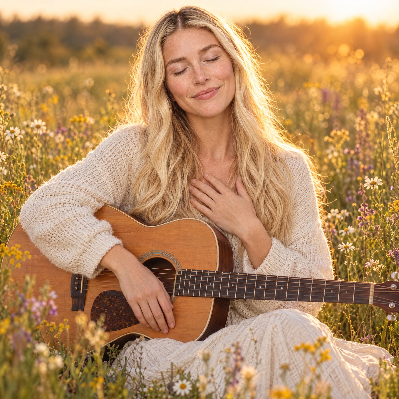 AIVAH sitzt mit Gitarre in einer Wildblumenwiese, die Hand auf dem Herzen
